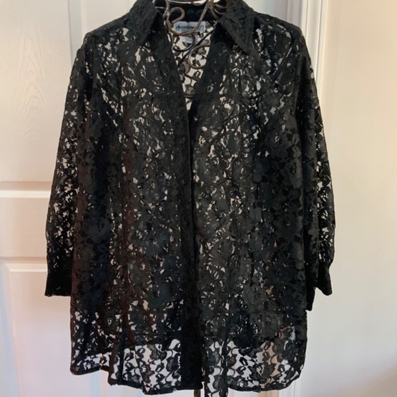 Denim 24/7 Lace Black Button Down Top Plus Size 26 - Picture 2 of 8